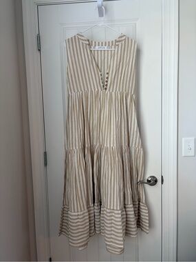 Petal & Pup Beige and White Striped Tiered Midi Dress
